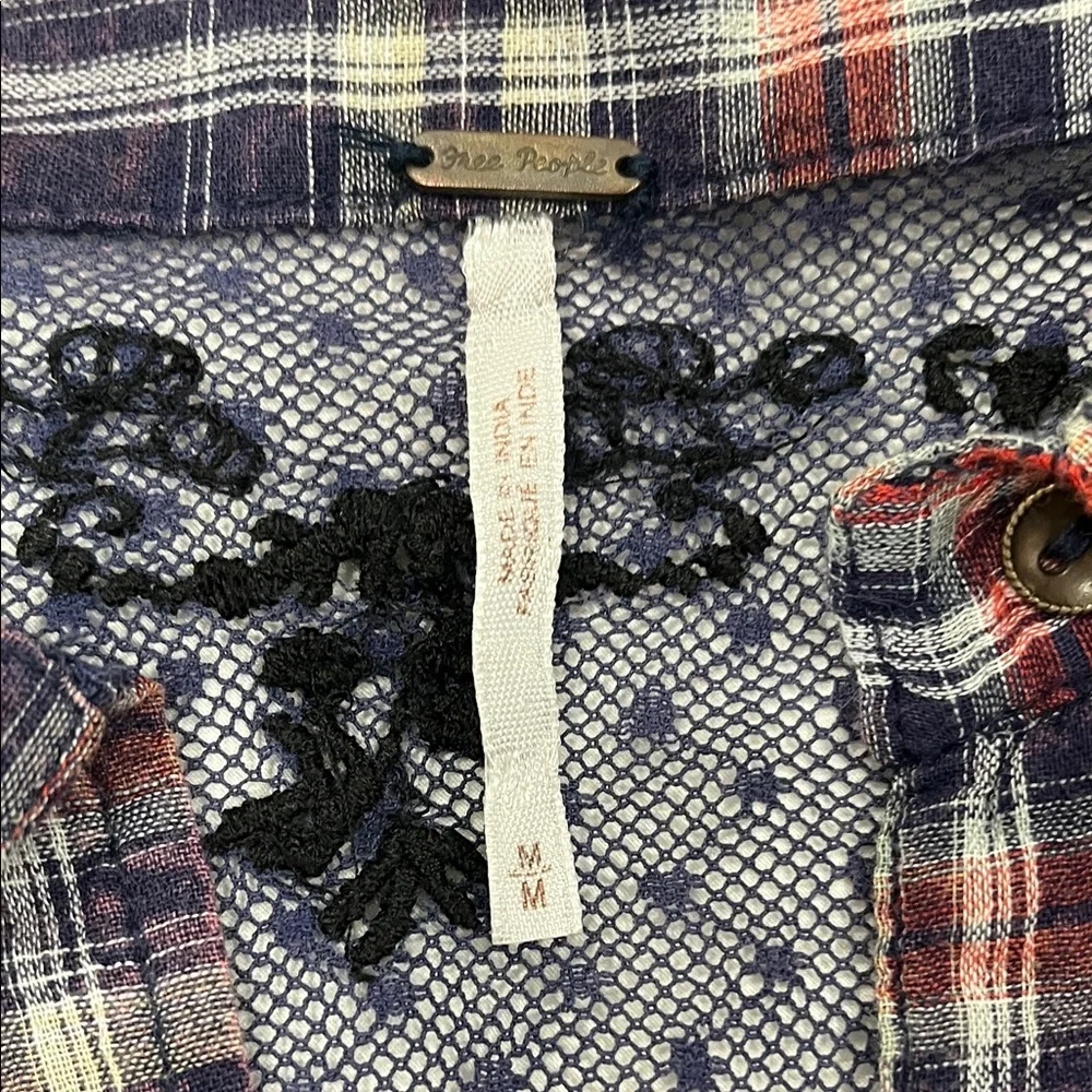 Free People Floral Lace Insert Plaid Cotton Top Long Sleeve Women's Size S - Picture 2 of 6